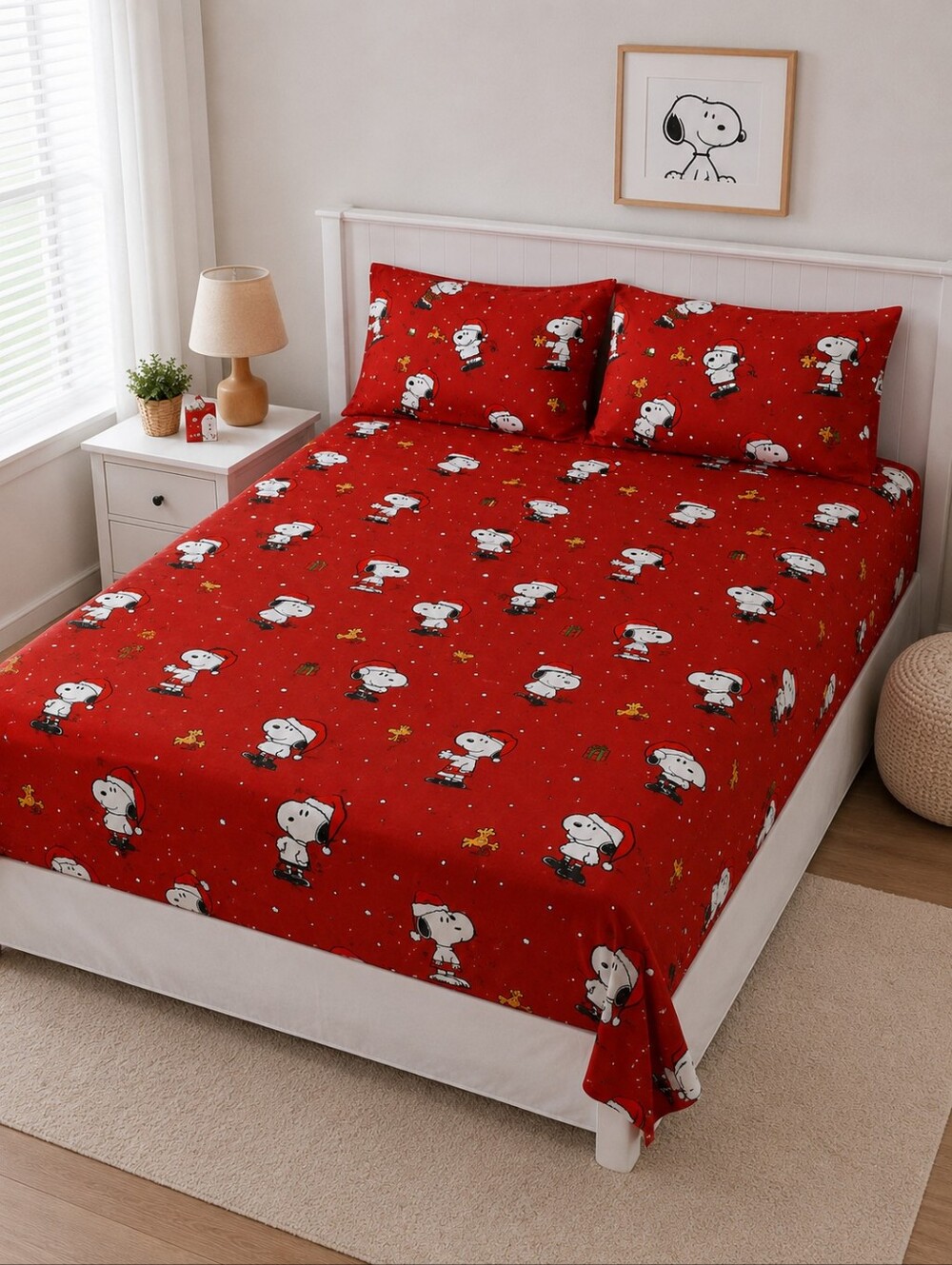 Peanuts Christmas Snoopy Red 4 Piece Microfiber Queen Sheet Set New With Tags